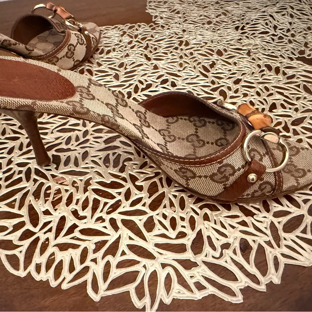 Vintage Gucci Brown Bamboo Logo Mules - Picture 2 of 15